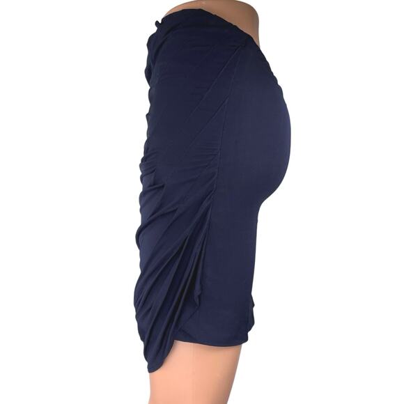 Yigal Azrouel Navy Blue Draped High Waisted Stretch Ruched Pencil Mini Skirt S - Picture 2 of 5